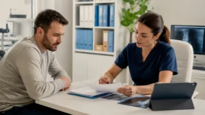 Persona revisando documentación médica para una incapacidad permanente por lumbalgia.