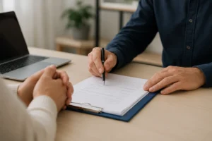 Persona revisando documentación laboral y sanitaria relacionada con un seguro de convenio por incapacidad permanente.
