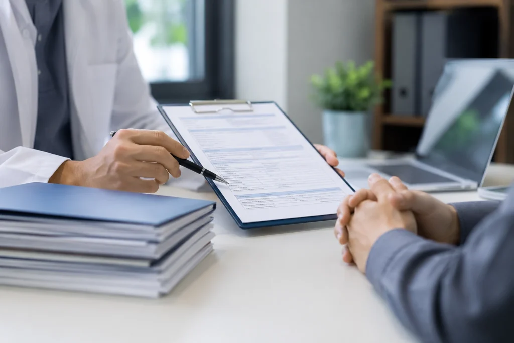 Persona revisando documentación médica para preparar el Tribunal Médico en un expediente de incapacidad permanente.
