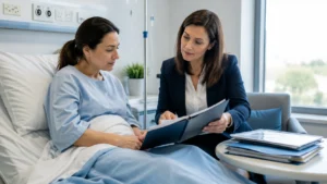 Mujer hospitalizada revisando documentación sobre discapacidad e incapacidad permanente con una profesional.