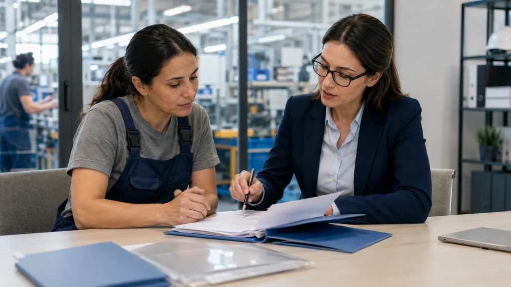 Trabajadora revisando con una profesional las limitaciones funcionales de su expediente de incapacidad permanente.