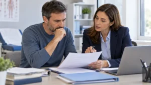 Persona revisando documentación sobre la posible retirada de una pensión de incapacidad permanente.